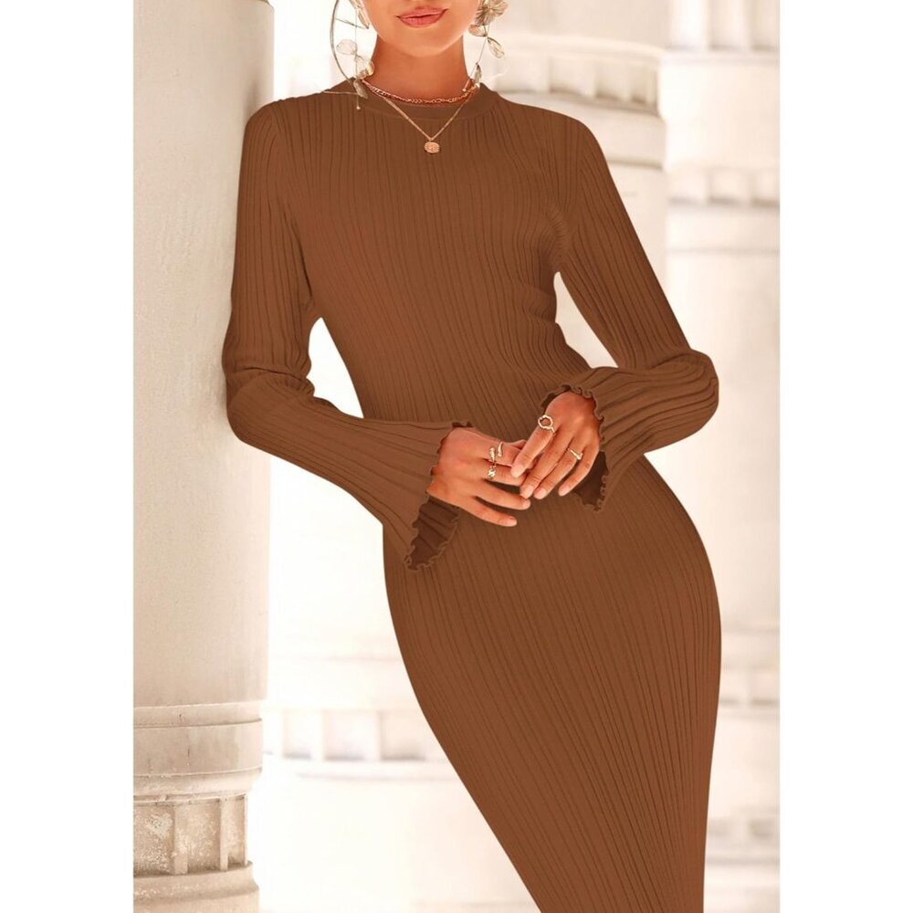 Women's Caramel Fall Bell Long Sleeve Crew Neck Bodycon Sweater Maxi Dress - Picture 6 of 7